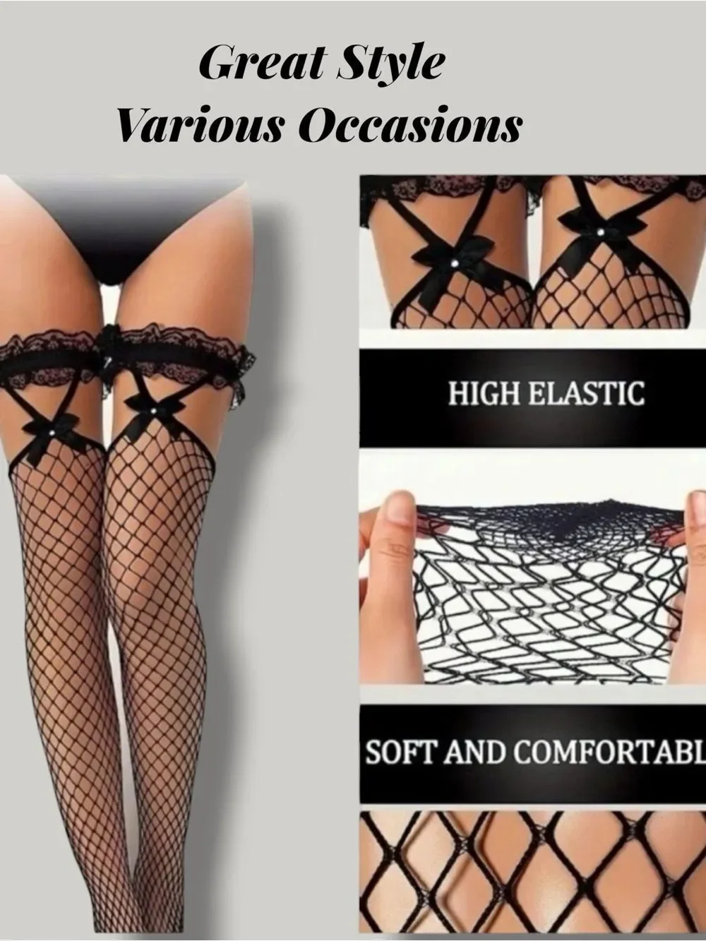 Black Fishnet Stockings Lace Garter Thigh High Hosiery OSFM NWT